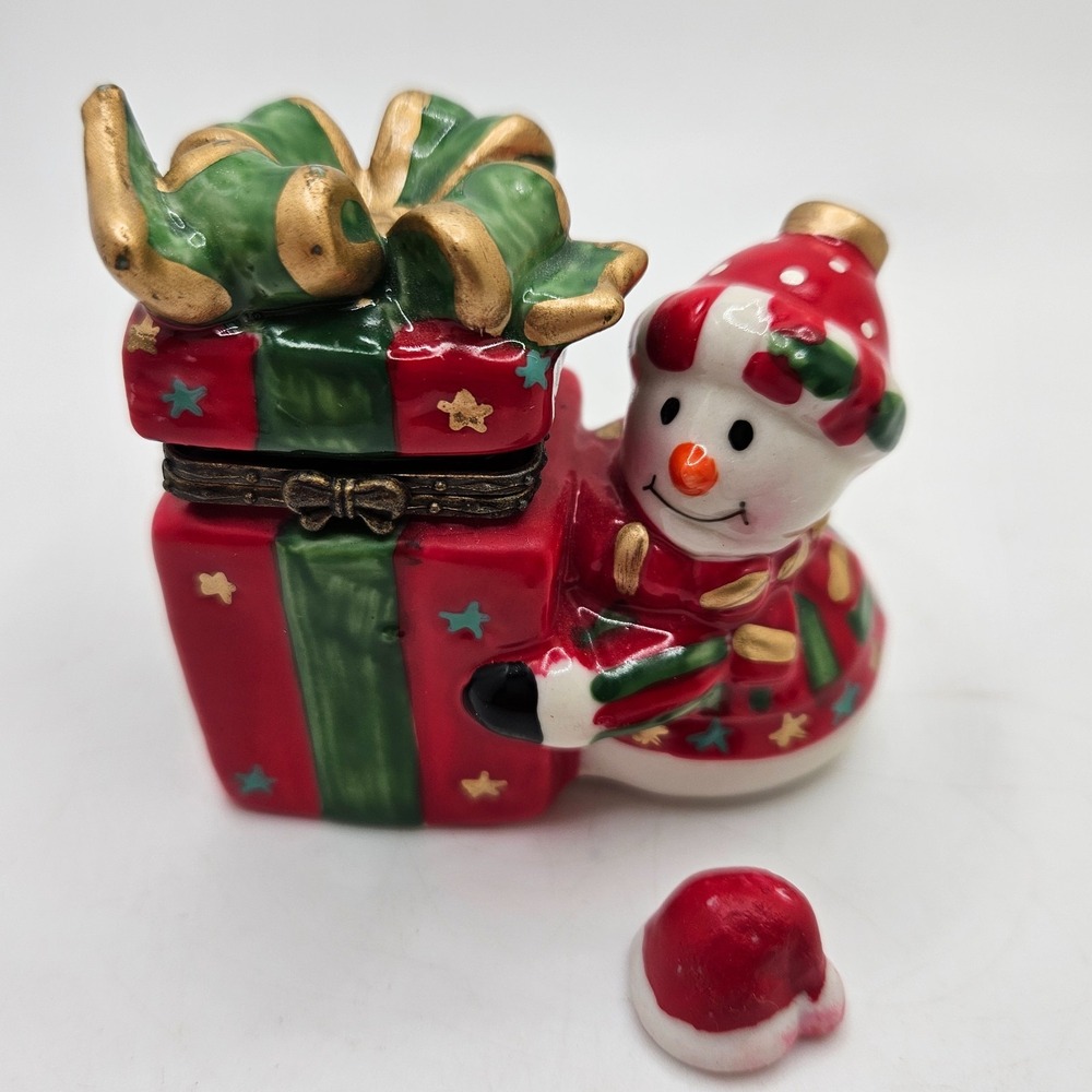VTG Christmas Snowman Gift Trinket Box Hinged Ceramic Miniature Figurine